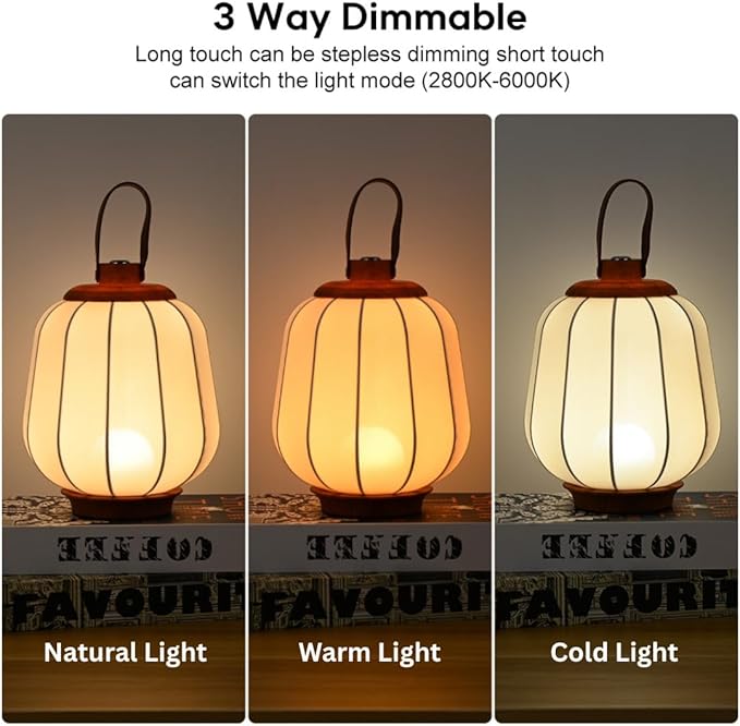 Cordless Rechargeable Lanterns Table Lamp - LED Outdoor Light,4000 mAh Battery Operated,3 Color Dimming Touch Desk Lamps with Handle for Bedroom/Living Room/Restaurant/Camping