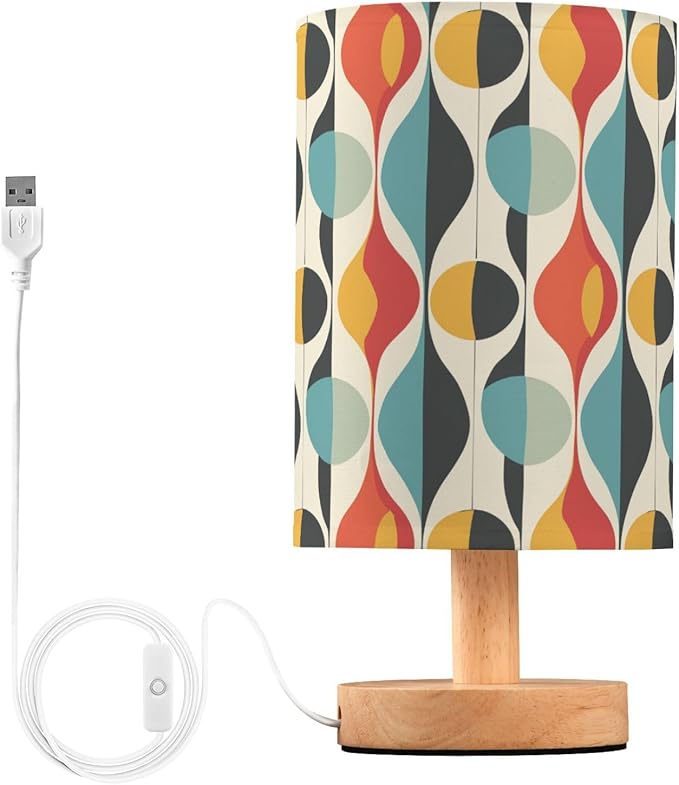 Abstract Mid-century Colorful Table Lamp for Bedroom USB Port Lamps Small Accent Table Lamp Nightstand Lamp Sturdy Linen Shade Wooden Base Decorative Lamps for Bedside Reading|Kids|Dorm|Home