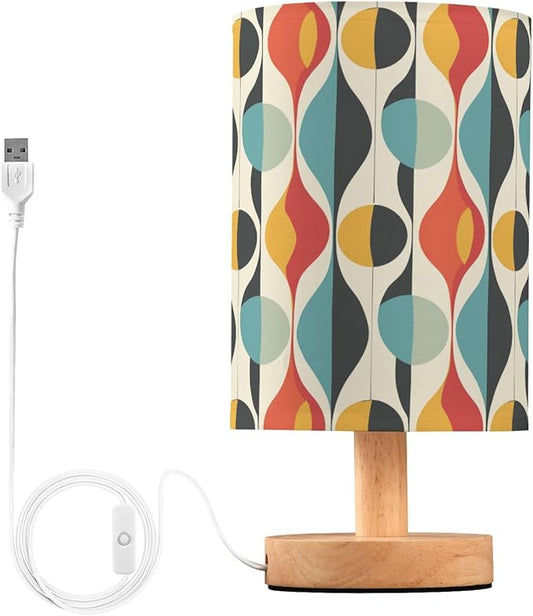 Abstract Mid-century Colorful Table Lamp for Bedroom USB Port Lamps Small Accent Table Lamp Nightstand Lamp Sturdy Linen Shade Wooden Base Decorative Lamps for Bedside Reading|Kids|Dorm|Home