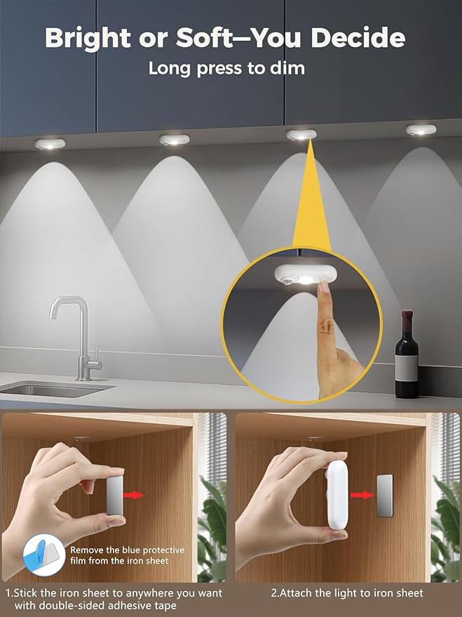 SZOKLED Motion Sensor Puck Lights, Rechargeable Under Cabinet Lights, Stick on LED Night Light for Closet, Drawer, Shelf, White 4Pack, USB Charging Cord Included