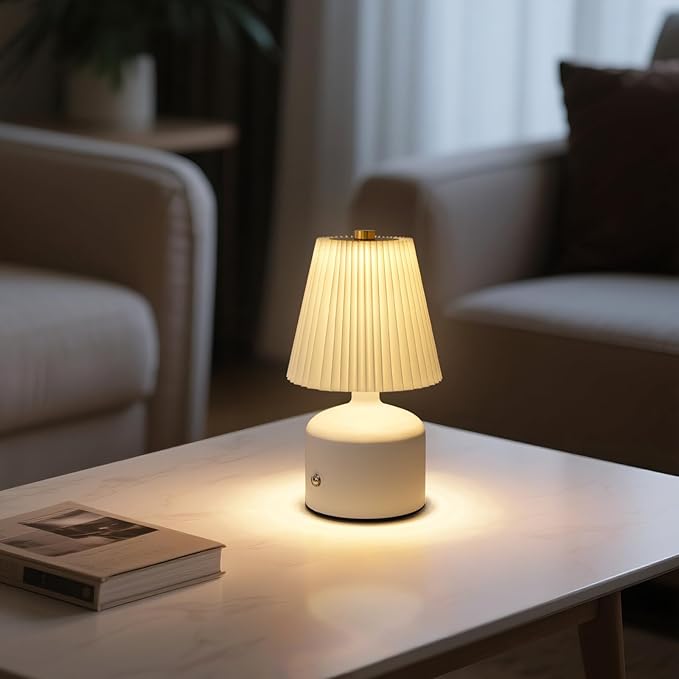 Small Cordless Table Lamp Rechargeable Desk Lamp, 3 Color Stepless Dimming, Metal Base Pleated Table Lamp for Bedside, Bedroom, Dining Room, Living Room (White)
