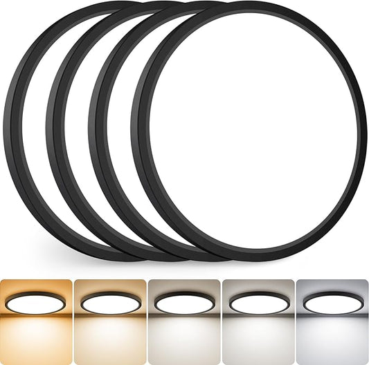 slochi 4Pack LED Flush Mount Ceiling Light Fixture, 12 Inch 24W, 3200LM, Super Slim 0.7 Inch, 3000K-6500K Adjustable Low Profile LED Ceiling Lights for Bedroom, Kitchen, Hallway(Black)