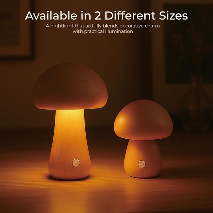 Mushroom Lamp, Rechargeable Touch Control Mushroom Night Light, Portable Dimmable Wooden Lamp for Kids Room, Bedroom, 3.9" H
