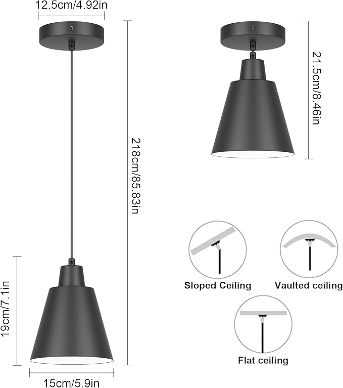 Industrial Pendant Lights, Black Pendant Light Fixtures, Vintage Kitchen Island Light with Black Metal Shade, Farmhouse Pendant Lights for Dinning Table Bedroom Bar - Black, 3 Packs