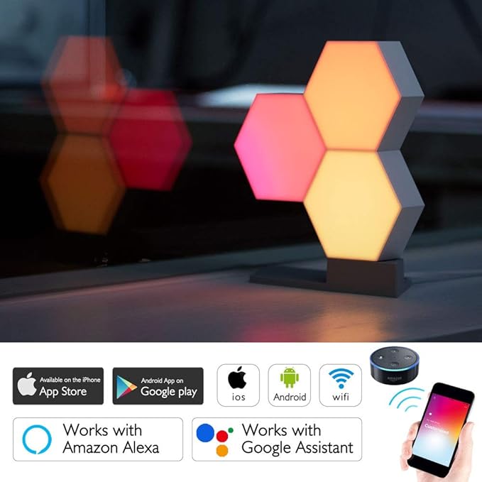 Yescom APP Control 9 Pack Smart LED Light Panels Hexagon Smarter Kit WiFi LED Table Light Kit Music Sync DIY Design Compatible with Alexa Google for Gaming TV Decor