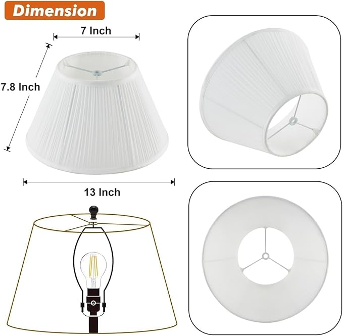 Lamp Shades For Table Lamps,Medium Lamp Shade 7" Top x 13" Bottom x 7.8" Slant Height,Barrel Replacement Lampshade(Spider Fitter), Modern Fabric Pleated Lampshades For Table Lamp,1 Pack(White)