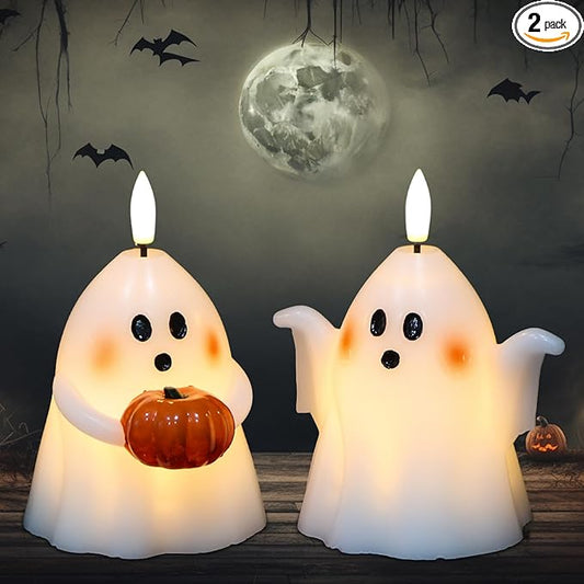 DRomance Halloween Ghost Flameless Candles with Timer Real Wax Battery Operated White LED Flickering Pillar Candles Hand Painted Looking Dinner Spooky Halloween Decor(2 Pack, 3.5" D x 5" H)