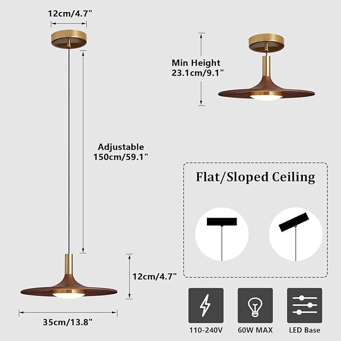 Dimmable Pendant Light, Wood Grain Finish LED Pendant Light Fixture, Modern Metal Dining Pendant Lights for Hotel Bar Kitchen Island Entryway
