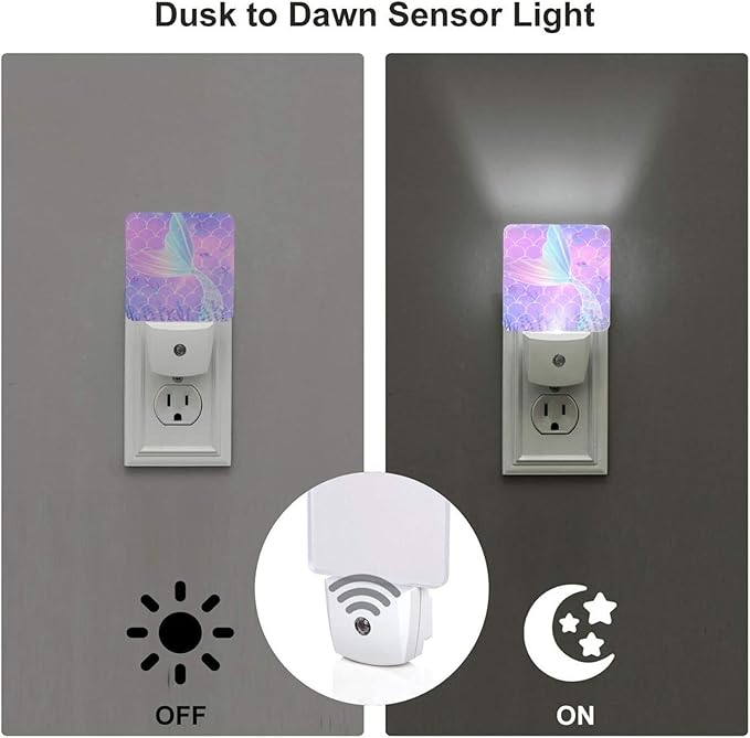 LED Night Light 2 PCS Mermaid Night Light Cute Lamp Plug-in LED Nightlights Dusk to Dawn Sensor Night Lamp for Bedroom Room Nursery Hallway Stairs Kitchen Wall Decorative
