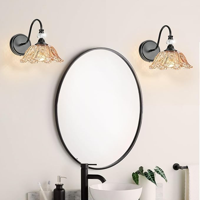 Black Wall Sconces with Floral Amber Glass Shades, Black Farmhouse Wall Mount Lighting for Bathroom,Vintage Bathroom Vanity Light Fixtures