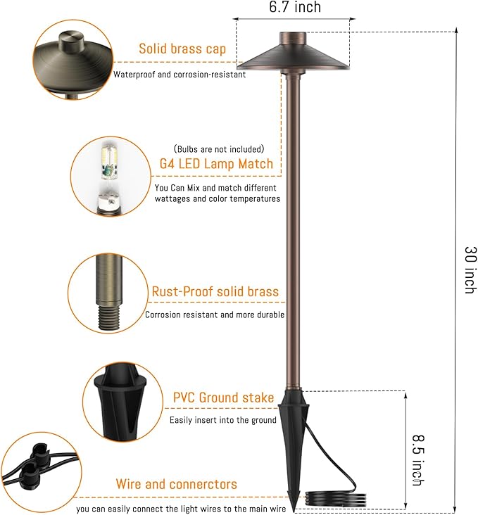 ZONEGRACE 8 Pack Solid Brass Low Voltage Pathway Lights,Outdoor Wired LED Landscape Path Lights,AC/DC 12V Bronze Pathway Lighting for Walkway Garden Yard,UL Listed Cord,Without Replacement Bulbs