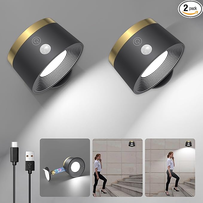 Moobibear Motion Sensor Wall Light Indoor 2Pcs, 3500mAh Rechargeable Battery Operated LED Wall Light, Wall Lamp Wireless with 360 ° Rotation, 3 Color Temperatures for Bedroom, Study, Corridor, Picture