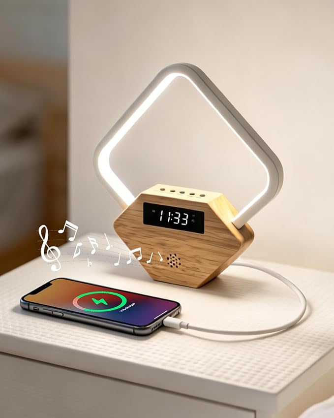 Wood Sunrise Alarm Clock with White Noise Machine 3 Color Night Light 15 Soothing Sounds Sleep Aid 30/60/90min Timer 10 Alarm Ringtones USB C PD Phone Charger Anniversary Birthday Gifts for Women Men