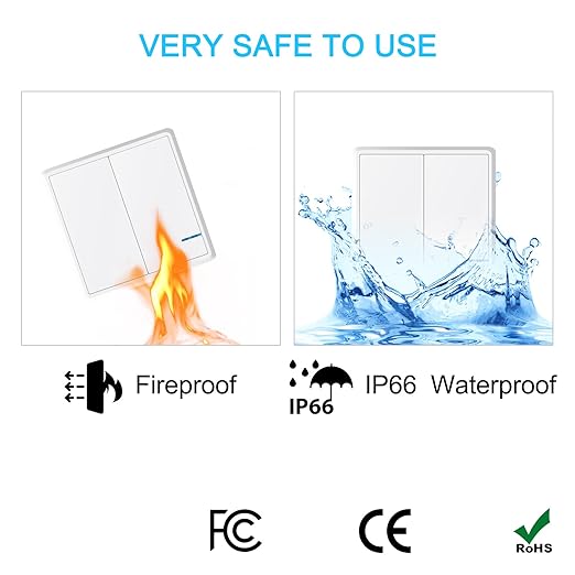 NineLeaf Wireless Lights Switch 2 Gang 1 Way, Smart Light Switch, Wireless Panel LED Light House Lighting IP66 Waterproof No Wiring Required, Easy to Install (Only 1 Two-Gang Switch)