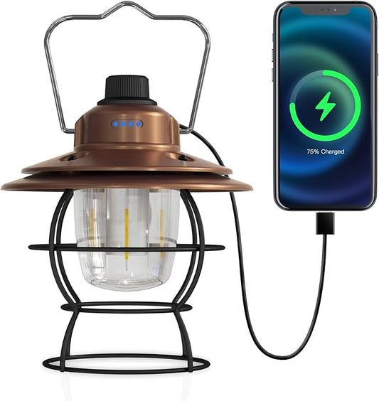 LED Camping Lantern Rechargeable Dimmable, Portable Vintage Outdoor Lantern 2700-6500K Waterproof, Hanging Retro Lamp Indoor Outdoor for Garden, Hiking, Emergency, Copper