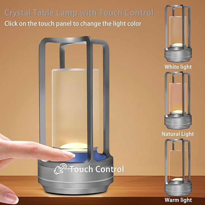 Cordless Rechargeable Table Lamps, Portable Lumisom Crystal Small Lantern Lamp with Touch Control & 3 Color Dimmable, 4000mAh Battery-Powered Klarako Crystal Desk Lanter for Outdoor Indoor (Silver)
