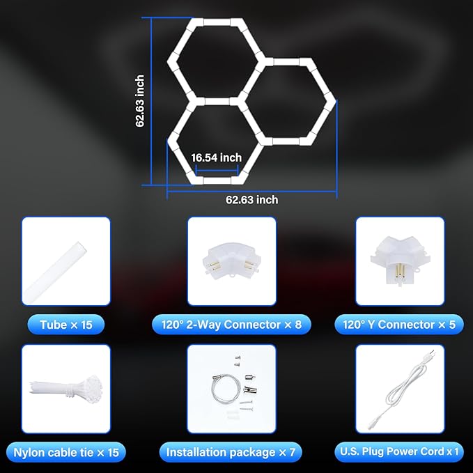 ALLYES Hexagon Garage LED Lights- Hex Ceiling Lights 128W 17280LM 6500K, Hexagon Lights for Workshop Gym Basement