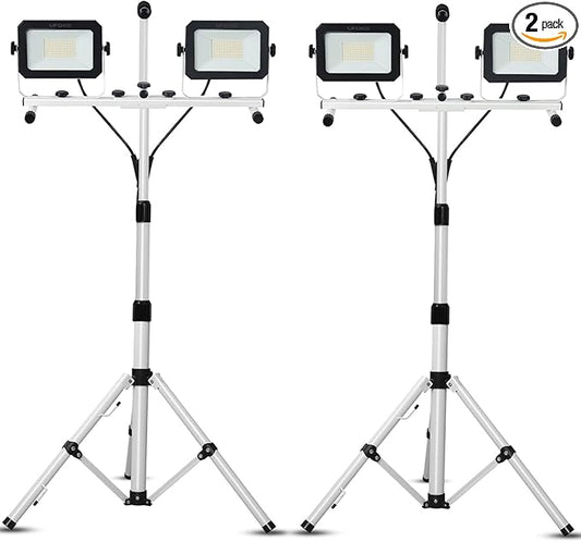 UFOND 10000 Lumen LED Work Light with Stand, Dual Head Work Light, Waterproof Lamp with Individual Switch, Adjustable Metal Telescoping Tripod with Power Cord （2 Pack）