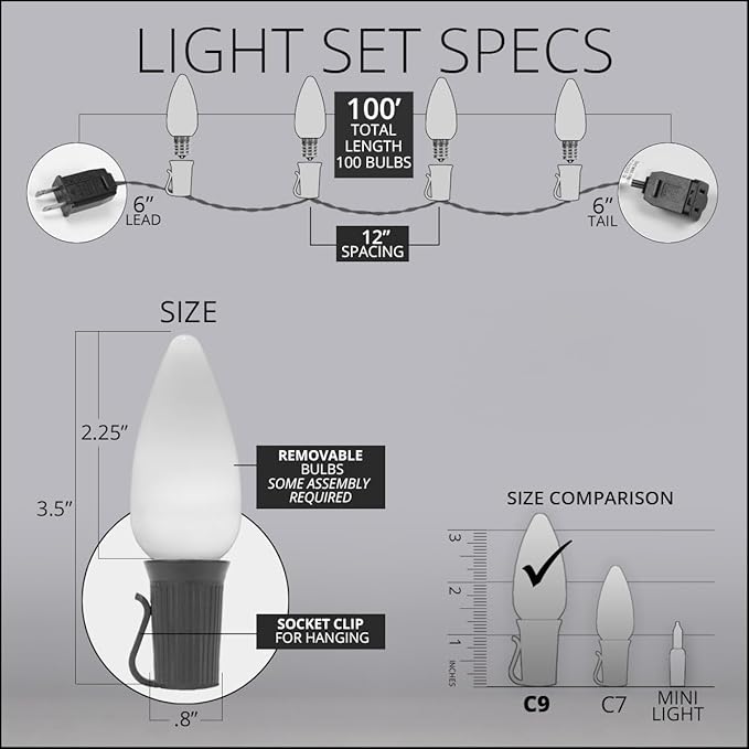 Wintergreen Lighting OptiCore 100 Lights, 100 ft Blue/Cool White Smooth/Opaque C9 LED Christmas Lights Outdoor – Commercial, Dimmable, UL Certified, Shatterproof, IP67