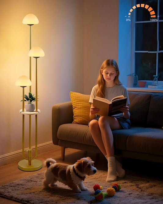 Lightdot Gold Dimmable Floor Lamp with Table, Modern Floor Lamps for Living Room, 3000K Tall Standing Lamp with Mushroom Shades& Bulbs Included for Bedroom/Office//Sofa Beside/Corner Decor