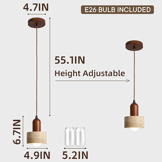 Natural Stone Pendant Light, Wabi Sabi Travertine & Wood Hanging Lamp for Kitchen Island, Hallway, Bedroom, Dining Room Ceiling Decor (E26 Bulb, 4.9 in Stone Hat, 1pcs)