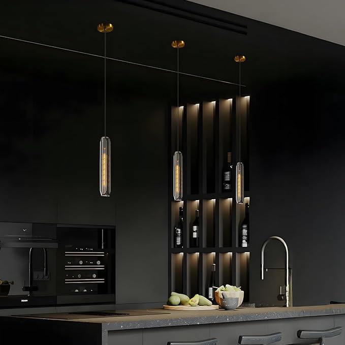 Modern K9 Crystal Kitchen Island Pendant Light,14.95'' Black Long Crystal Pendant Light,1 Light Indoor Crystal Pendant Light, for Kitchen Dining Bathroom Bedroom,Included 2 Bulb