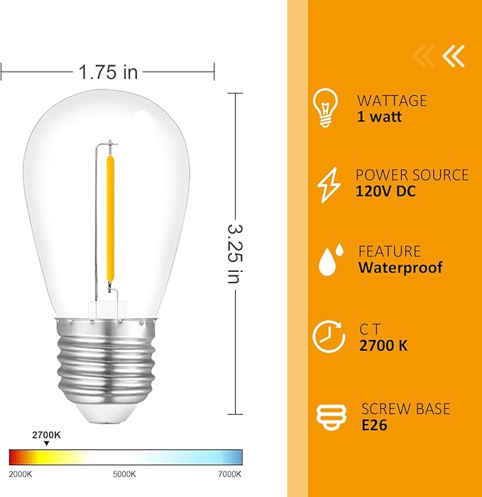 48-Pack LED Outdoor String Light Bulbs, Waterproof S14 Replacement Bulb, E26 Base, 1W 120V, 2700K Warm White