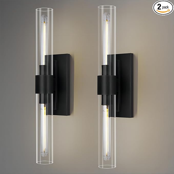 Black Wall Sconces, 22.8" Bathroom Sconces, Sconces Wall Lighting 2-Light, Bronze Wall Sconces Set of Two, Vanity Lights Tube Sconce, Glass Wall Sconce for Living Room, Bedroom, Hallway