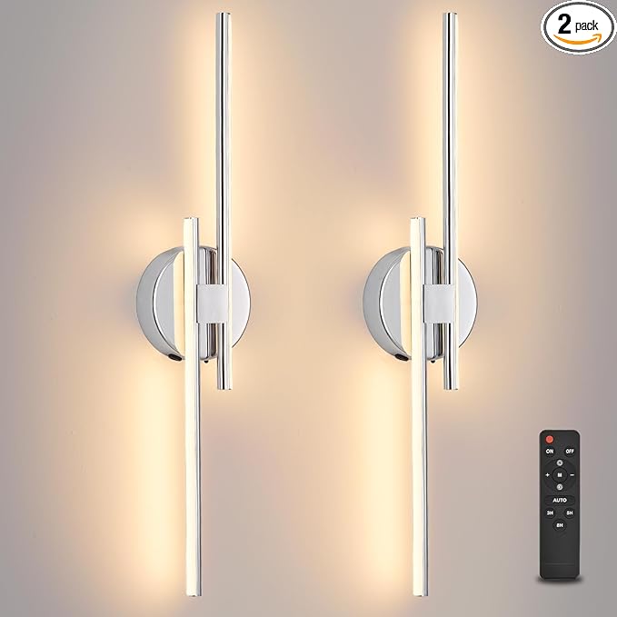 Rechargeable Battery Operated Wall Sconce Set Of Two, Chrome Wireless LED Wall Sconces With Remote Control, Dimmable 3 Colors Cordless wall lights for Living Room, bedroom, Hallway, 23.6 Inch ( 2pcs)