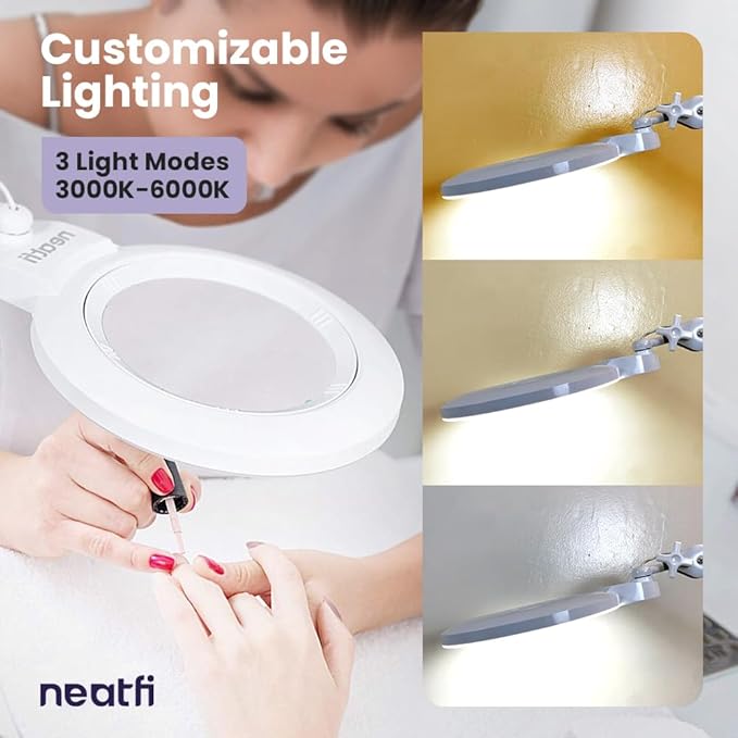 Neatfi XL Bifocal LED Magnifying Lamp – 7” Acrylic Lens, 5D/20D Magnification, 1,600 Lumens, Dimmable with 3 Light Modes, Adjustable Arm & Clamp, Lamp for Reading, Crafting (White, CCT with Clamp)