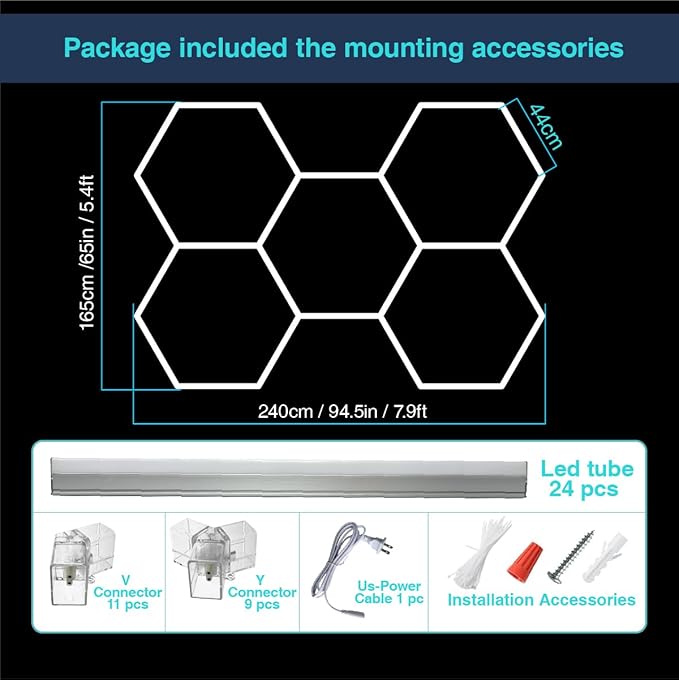 LED Hexagon Garage Light: 5 Honeycomb 24 Packs 6500K 21120LM Super Bright Car Detailing Garage Ceiling LED Shop Light for Warehouse Workshop Gym Basement Car Care Wash Room Hex Lights
