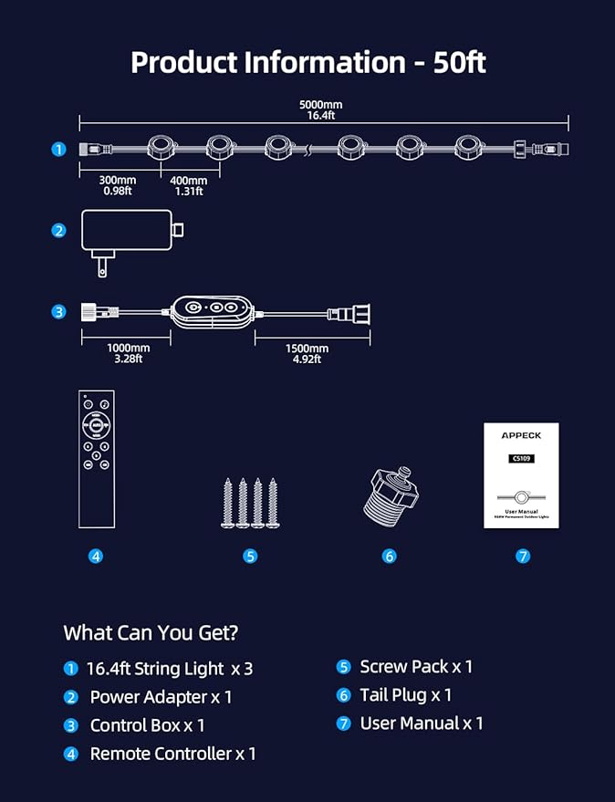 APPECK Permanent Outdoor Lights 50ft with 36 RGBW LEDs, DIY Scene Modes, LED Eaves Lights Waterproof with App Control, for Daily Holiday House Decorations, Voice/Remote Control, Black