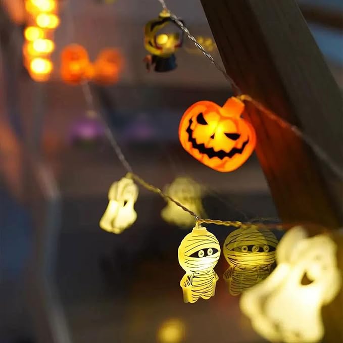 Halloween Decorations 20LED 9.8FT Pumpkin String Lights Batteries Operated Battery String Lights Outdoor Indoor Orange Pumpkin White Ghosts Vampires Mummies Halloween Party Decorations