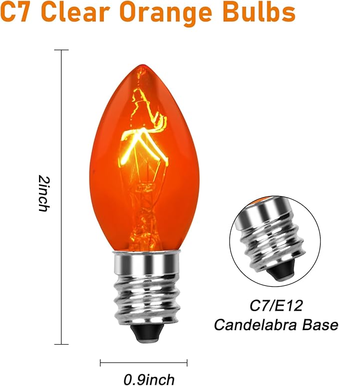 GOOTHY 25 Pack C7 Orange Halloween Light Bulbs, C7 Clear Orange Replacement Light Bulbs E12 Candelabra Base Bulbs for Halloween Christmas Outdoor String Lights Candles, Night Lights Bulbs 5W 120V