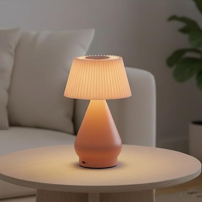Modern Cordless Table Lamp Rechargeable, Portable LED Desk Lamp,Touch Control 3 Colors Stepless Dimming with Pleated Lampshade for Restaurant, Bedroom, Office,Outdoor Camping, Night Light(Pink)
