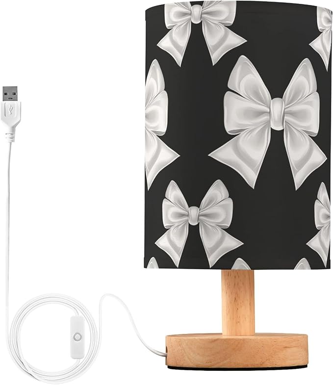 Elegant White Bow Ribbon Pattern on Black Print Table Lamp with Wood Base Fabric Lamp Shade Bedside Nightstand Desk Lamp for Living Room Bedroom Kids Room Office