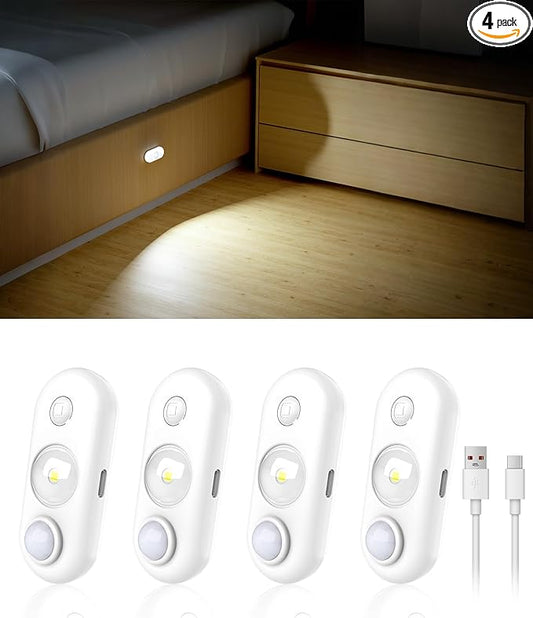 SZOKLED Motion Sensor Puck Lights, Rechargeable Under Cabinet Lights, Stick on LED Night Light for Closet, Drawer, Shelf, White 4Pack, USB Charging Cord Included