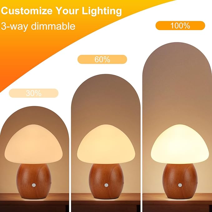 Mushroom Lamp with Touch Control Switch, Small Wooden Table Lamp with Glass Shade, 3 Way Dimmable Nightstand Lamp for Bedroom, G9 LED Bulb Included (Brown Color&Opal White Glass Shade)