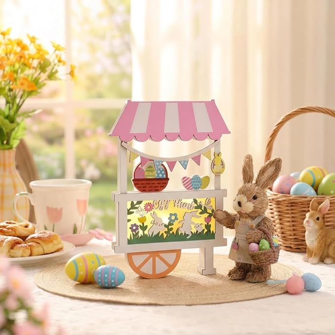 Valery Madelyn Easter Decorations, Easter Decor with LED Light, Lighted Egg Hunt Booth Decor for Table, Wooden Bunny Decorations for Home Decor Shelf Tiered Tray Living Room, 7.5 inch