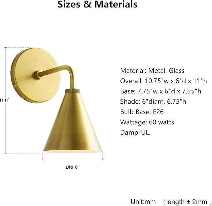 Retro Industrial Metal Cone Sconce Light - Vintage-Inspired Modern Gold Wall Sconce with Metal Shade, Wall Mount Lighting for Bedroom, Hallway, Living Room (Gold, 6 inch)