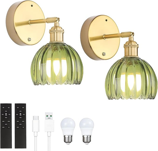 Battery Operated Vintage Wall Sconces with Green Tulip Glass Lampshade Battery Powered Wall Lighting for Bedside Bedroom Doorway, Set of 2