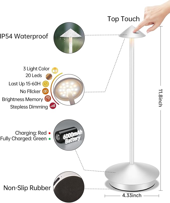 Portable Led Cordless Lamp Table Light 2 Pack, Rechargeable 6000mAh Battery Outdoor Table Lamp for Dinning Restaurant Patio Bedroom Camping, IP54 Waterproof, Dimmable