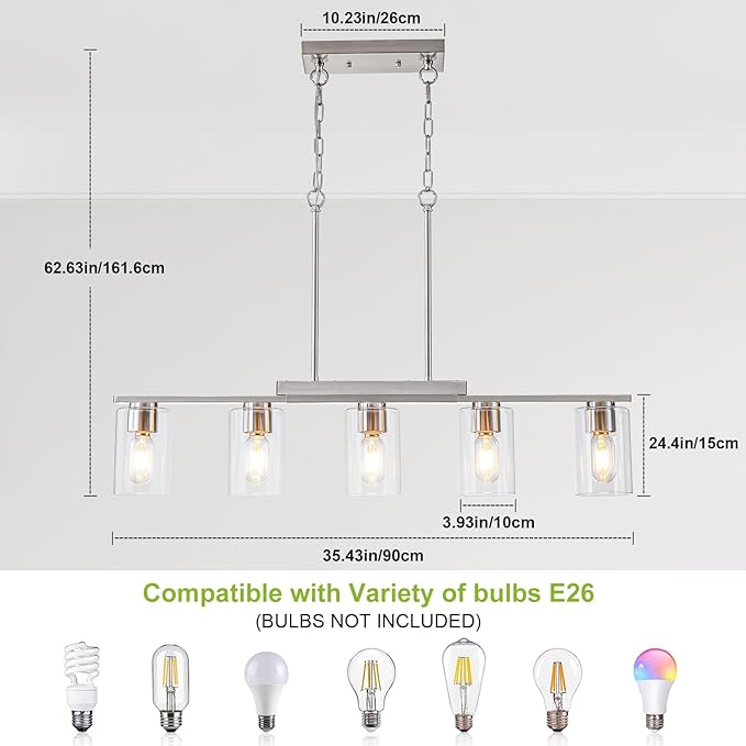 WILON Kitchen Island Lighting, 5 Lights Nickel Sand Linear Chandeliers Modern Farmhouse Chandelier with Glass Shades for Kitchen Island Living Dining Room Foyer Bedroom(Brushed Nickel,5 Lights)