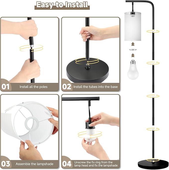 Floor Lamp for Living Room, 9W LED Bulb, Remote Custom Color Temperature & Brightness, Tall Standing Lamps for Bedroom Office Kid Room, Black
