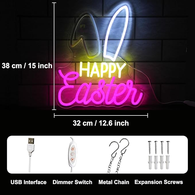 Happy Easter Neon Sign for Wall Dimmable Bunny LED Light Sign for Bedroom Kids Room Pink White Rabbit Decor Easter Lights for Holiday Party Supplies Cute Animal Night Light Gift 15" x 12.6"