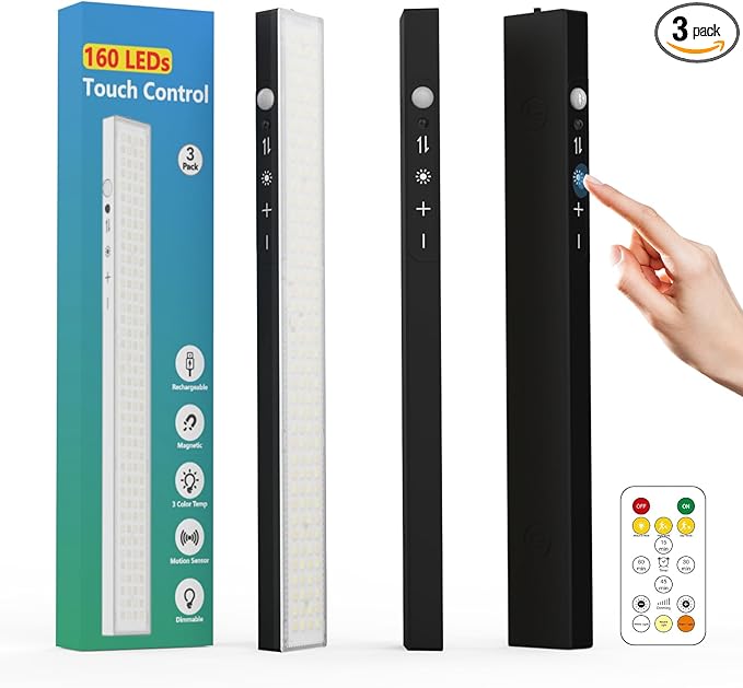 160LEDs Touch-Control Under Cabinet Lighting w/4000mAh Battery, Cordless Motion Sensor Under Counter Lights for Kitchen, Magnetic Rechargeable Closet Lights - 3Pack/Black, 2025 Fall