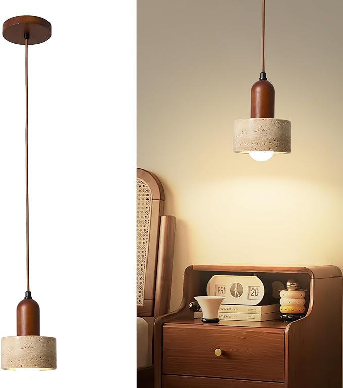 Natural Stone Pendant Light, Wabi Sabi Travertine & Wood Hanging Lamp for Kitchen Island, Hallway, Bedroom, Dining Room Ceiling Decor (E26 Bulb, 4.9 in Stone Hat, 1pcs)