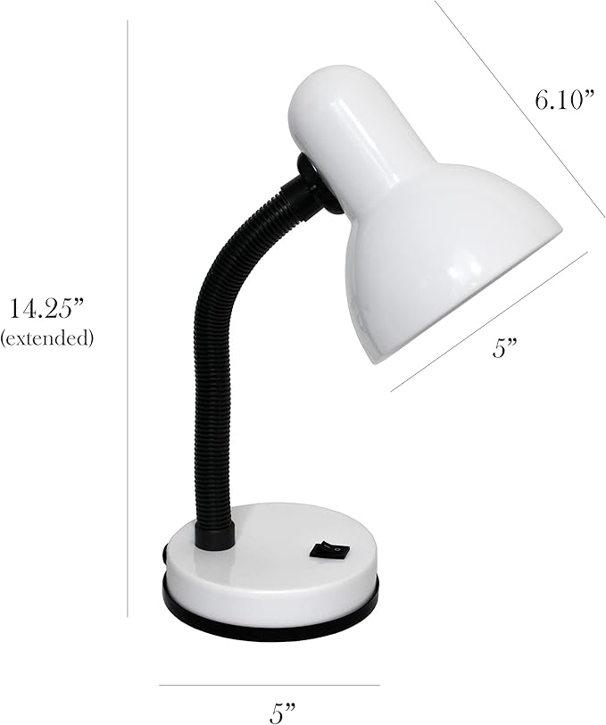 Simple Designs LD1003-WHT Basic Metal Desk Lamp with Flexible Hose Neck for Office, Living Room, Bedroom, College Dorm, Bookshelf, White (Pack of 1)