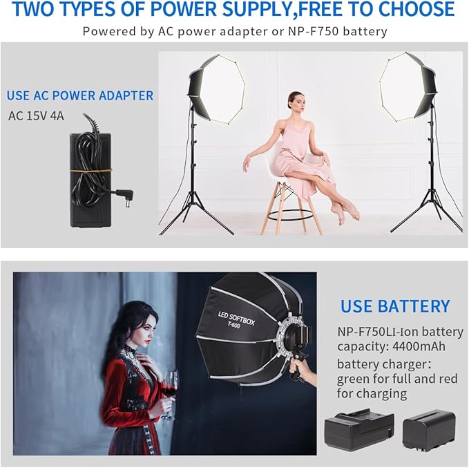 Octagonal Softbox LED Photography Light Kit with Rechargeable Battery for Continuous Lighting for Studio or Outdoor Portrait Product Photography, YouTube Video Recording