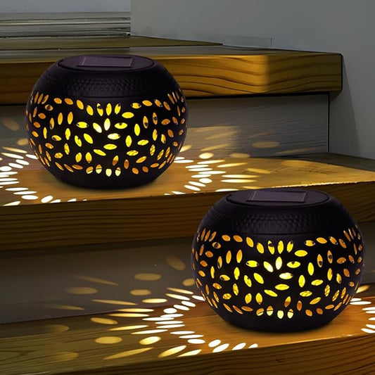 Solar Lanterns Outdoor Table Lights,2 Pack Outdoor Waterproof Decor, Hollow Out Retro Black Metal Solar Patio Lamps,Yard Porch Garden Balcony Indoor Desk Bedroom Tabletop Decorations